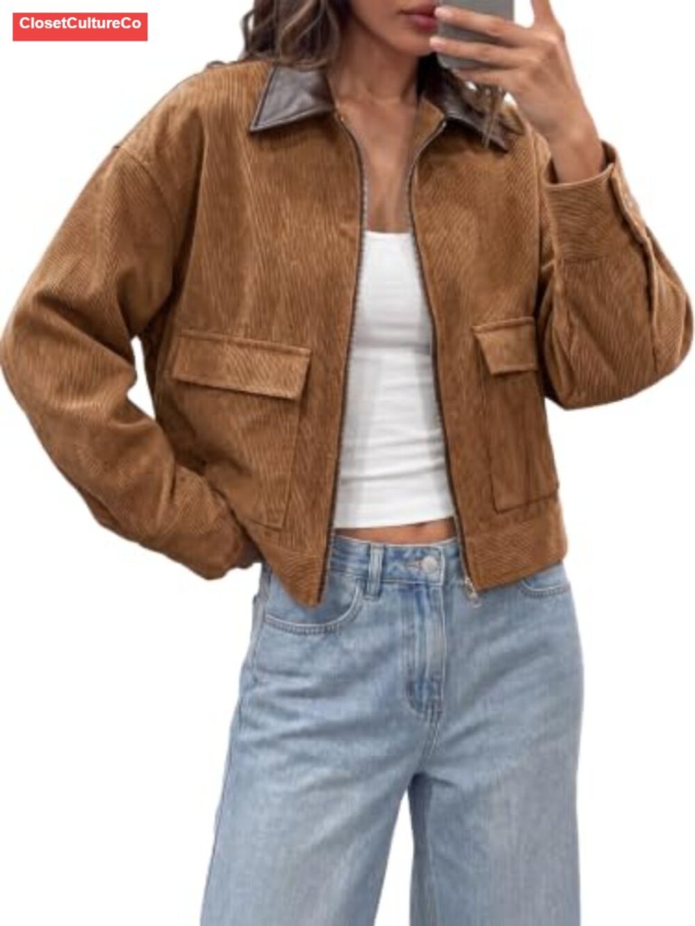 Womens Cropped Corduroy Oversized Zip Up Barn Bomber Jacket